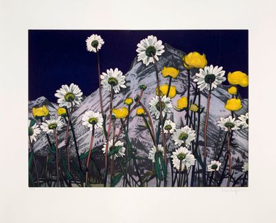 painting of yellow and white flowers with a mountain in the background