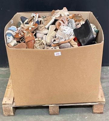 un carton rempli de chaussures et d'autres articles, posé sur une palette