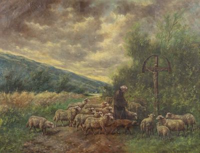 un tableau représentant un homme gardant des moutons sur un chemin de terre