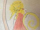 a drawing of a woman in a red dress with a cat