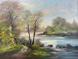 painting of a man and a woman walking down a path next to a river