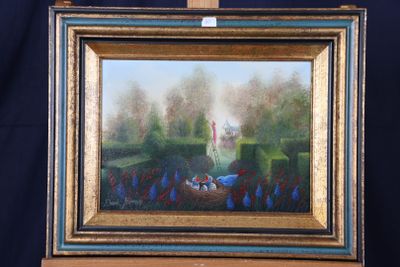 une peinture à l'huile représentant une femme dans un jardin avec un panier de fleurs