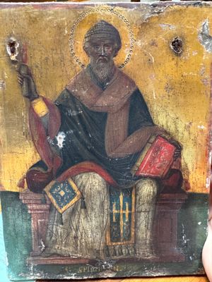 an old painting of a man sitting on a chair holding a guitar