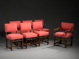 un lot de six chaises avec un revêtement rouge, revêtement rouge, revêtement rouge, revêtement rouge, revêtement rouge, revêtement rouge, revêtement rouge