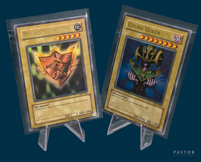 two pokemon cards on display on a blue background