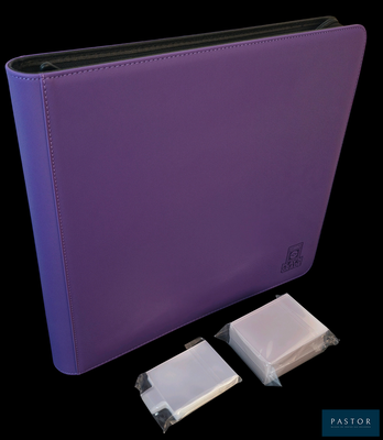 a purple binder with two small pieces of tape on it