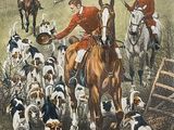 a painting of a group of men riding horses and dogs