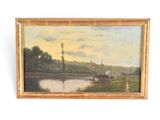 une peinture représentant un bateau sur l'eau, dans un tableau