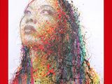 painting of a woman ' s face with multicolored paint splatters on it