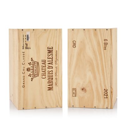 two wooden boxes with wine labels on them sitting next to each other