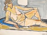 a painting of a woman sitting on a blue mat