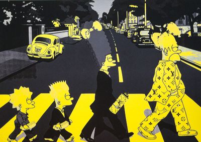 tableau représentant un groupe de personnes traversant une rue au milieu d'un passage piéton