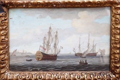 tableau représentant trois bateaux sur un plan d'eau, avec le ciel en arrière-plan