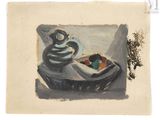 une peinture représentant un vase et une coupe de fruits