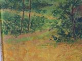 a painting of a cow in a field with trees in the background