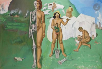 un tableau représentant un homme et une femme dans un champ, en compagnie d'un squelette