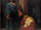 tableau représentant un homme agenouillé à côté d'une femme en robe rouge