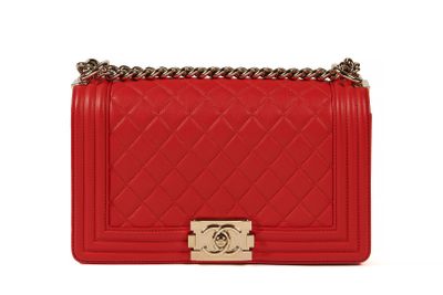 chanel red quilted lambskin small boy bag