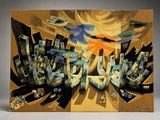 Peinture abstraite représentant une ville avec des bâtiments et un oiseau qui vole au-dessus