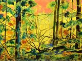 tableau représentant une scène forestière avec des arbres et un ruisseau