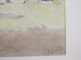 a picture of a painting of a man and a dog on the beach