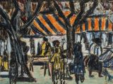 painting of a group of people walking down a sidewalk in a city