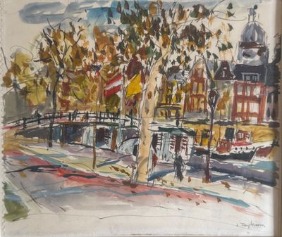 an image of a painting of a bridge over a river