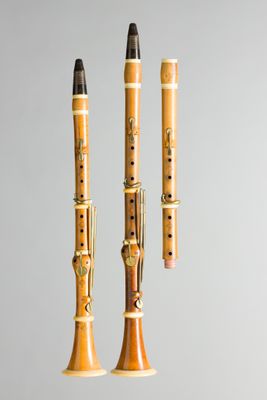 trois clarinettes en bois sont alignées sur un fond gris
