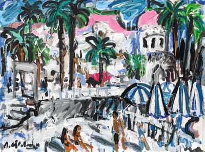 a painting of a beach scene with palm trees and umbrellas