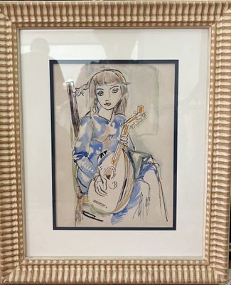tableau représentant une femme jouant de la guitare, dans un cadre doré