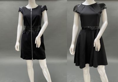 two mannequins dressed in black dresses with zippers on them
