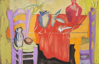 une peinture représentant une table sur laquelle se trouvent un vase et une assiette