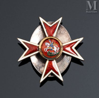 a close up of a red and white cross with a horse on it