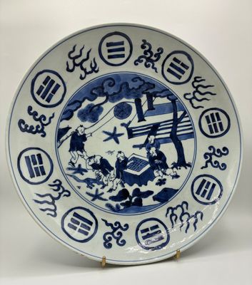une assiette bleue et blanche ornée de symboles asiatiques