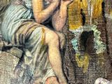 a painting of a woman sitting on a rock next to a sheep