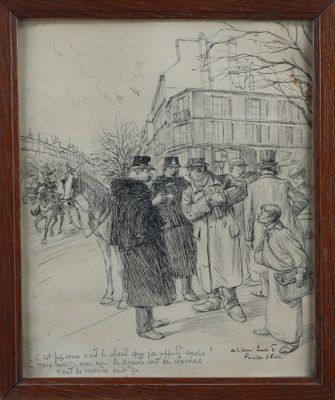 an old drawing of a group of people standing on a street