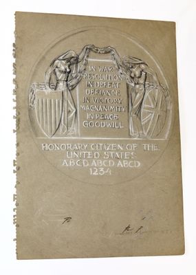 a plaque on the side of a book with a picture of two men