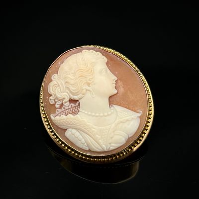 Une broche en camée représente le profil d'une femme.