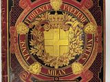 la couverture d'un livre rouge et doré orné d'un emblème doré
