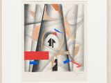 une image représentant une peinture d'une horloge avec une flèche rouge et une flèche bleue