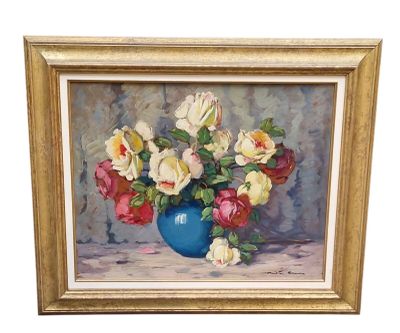a painting of flowers in a blue vase on a table