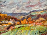 an oil painting of a rural landscape with fields and mountains in the background