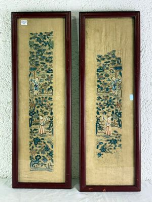 pair of framed chinese embroiderys of a man and a woman