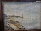 a picture of a painting of boats on the water