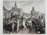 an old drawing of a crowd of people gathered around a statue