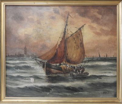 an oil painting of a sailboat in a body of water under a cloudy sky