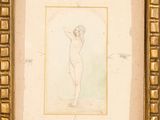 tableau représentant un nu féminin, dans un cadre doré sur lequel figure une inscription