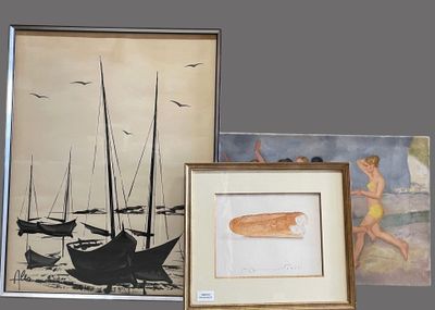 three framed pictures of boats and people on a beach