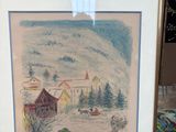 aquarelle encadrée représentant une scène de campagne avec une grange et des arbres