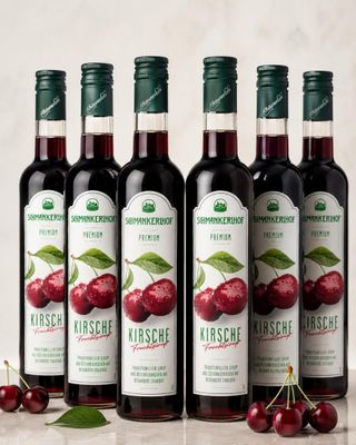 four bottles of red wine with cherries on a table